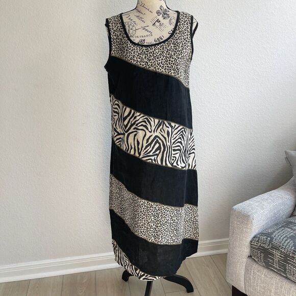 Earth song Womens Midi Dress 8 Asymmetrical Animal Print Linen‎ Vtg sleeveless - Picture 1 of 8